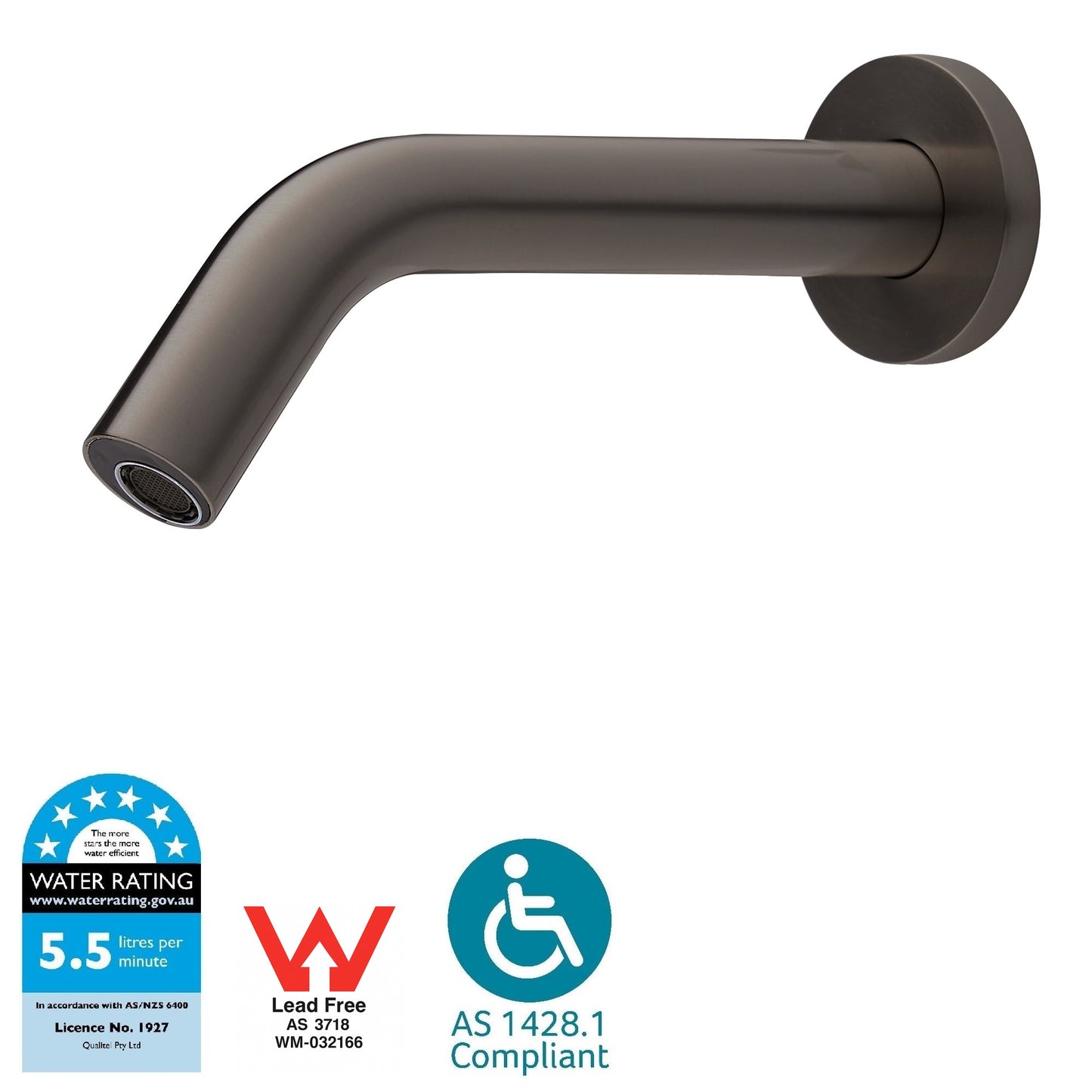 Gun metal bathroom sensor tap with 6 star WELS Water Rating, Lead Free, and AS 1428.1 Compliance logos on a white background