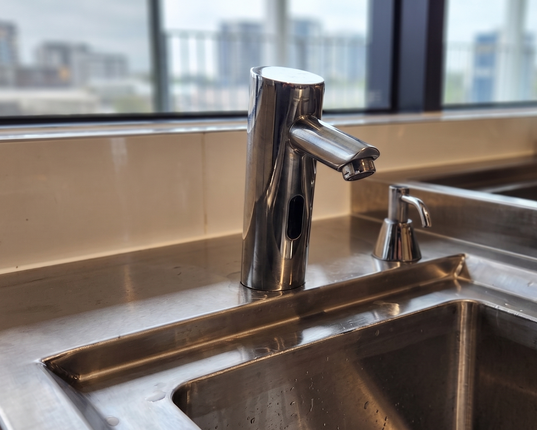 Stainless steel kitchen sink with sensor tap in a modern school kitchen
