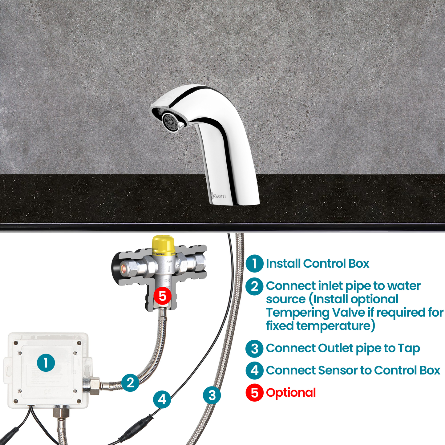 Onvanti Sensor Tap for Commercial or Public Bathrooms Mains or Battery Operated Balmoral SF1002