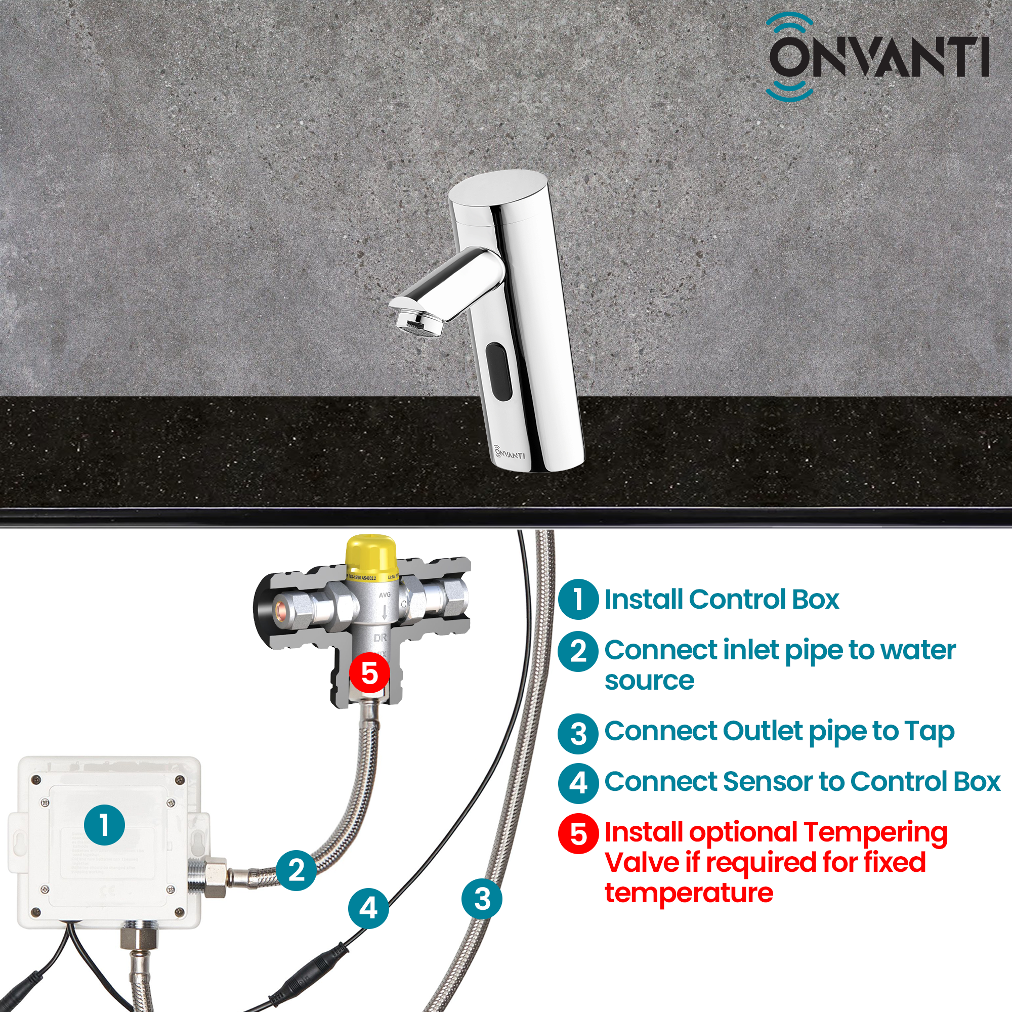 Onvanti Sensor Tap for Commercial or Public Bathrooms Mains or Battery Operated Freshwater SF1107