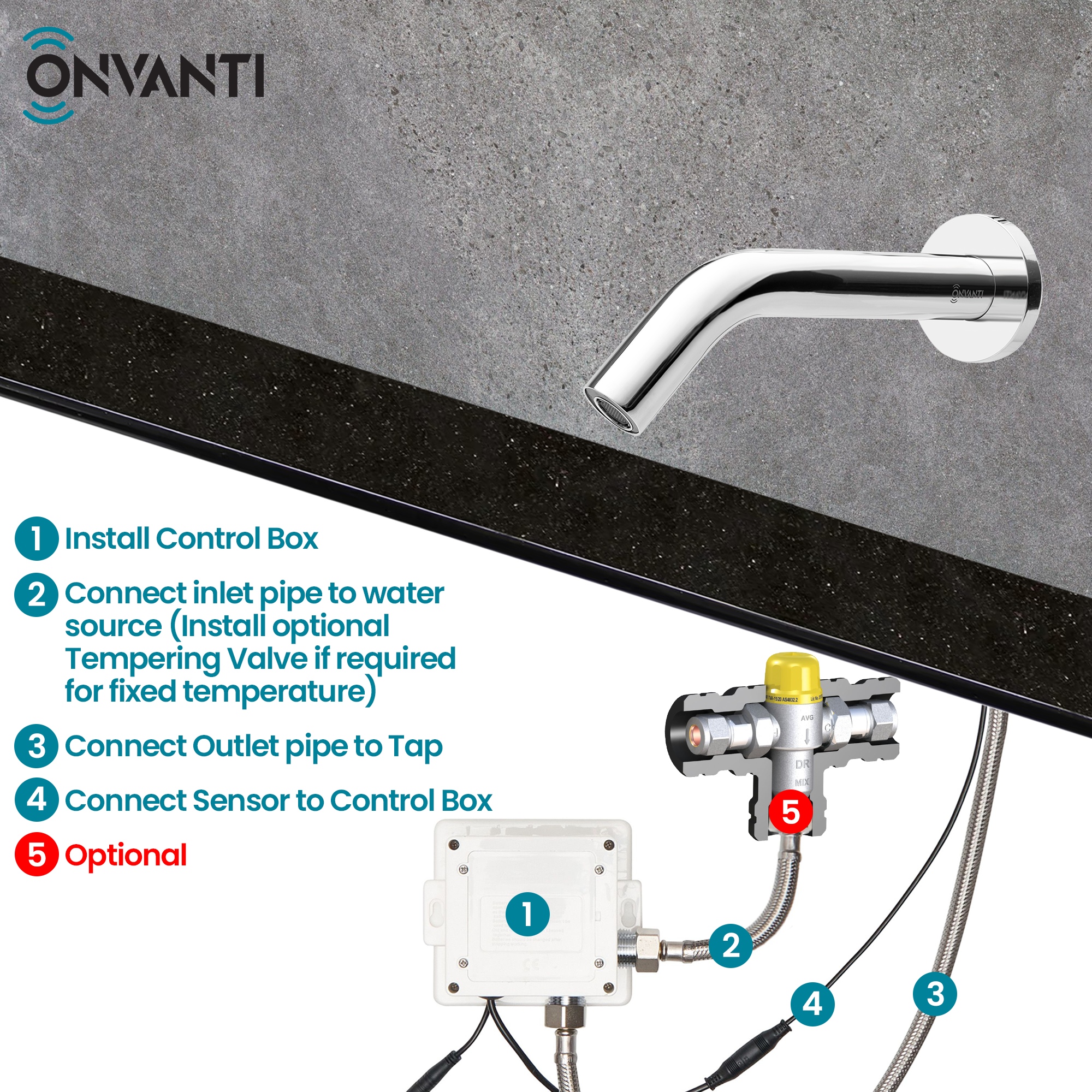 Onvanti Sensor Tap (Wall Mounted) for Commercial or Public Bathrooms Mains or Battery Operated Bronte SF1113