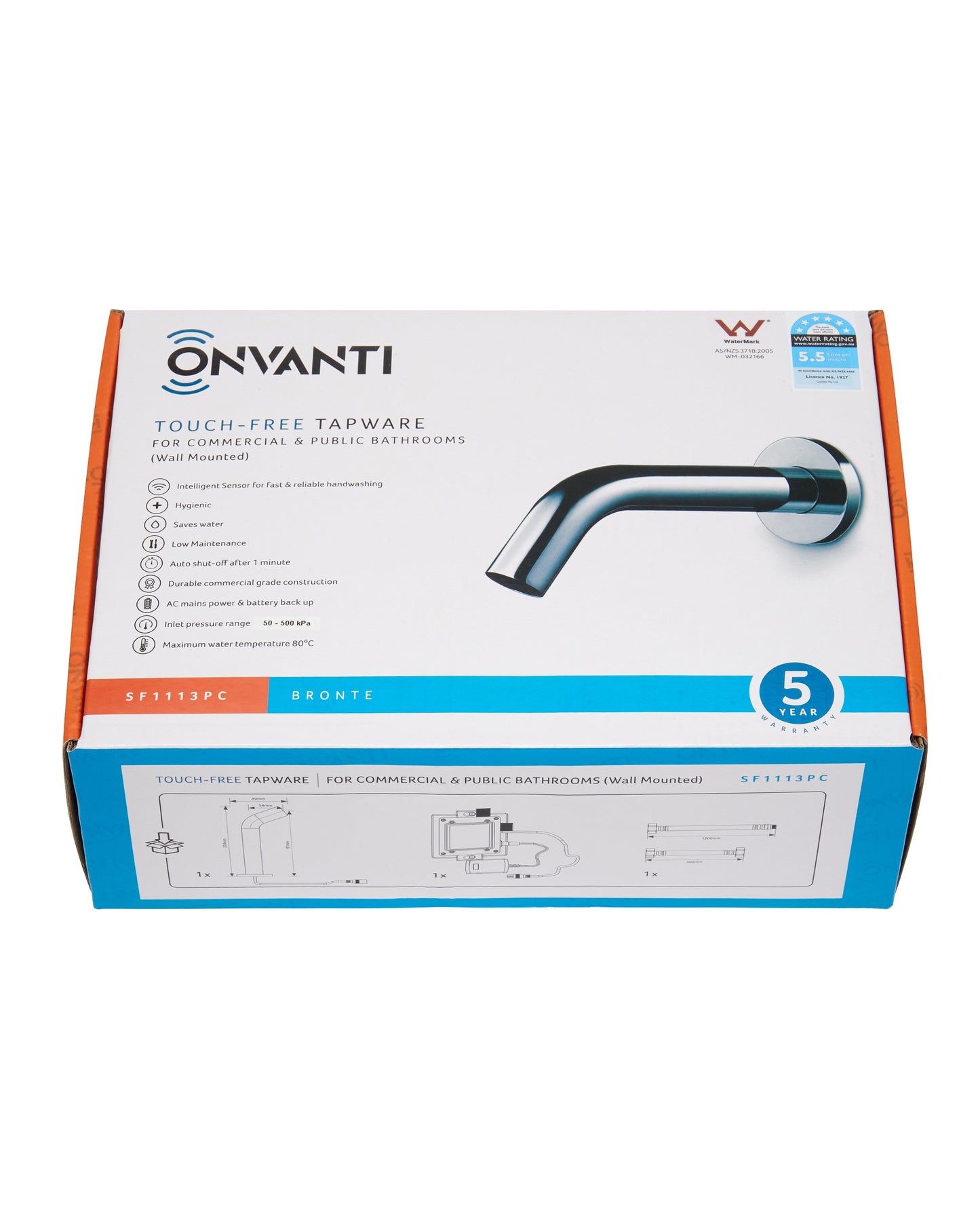 Onvanti Sensor Tap (Wall Mounted) for Commercial or Public Bathrooms Mains or Battery Operated Bronte SF1113