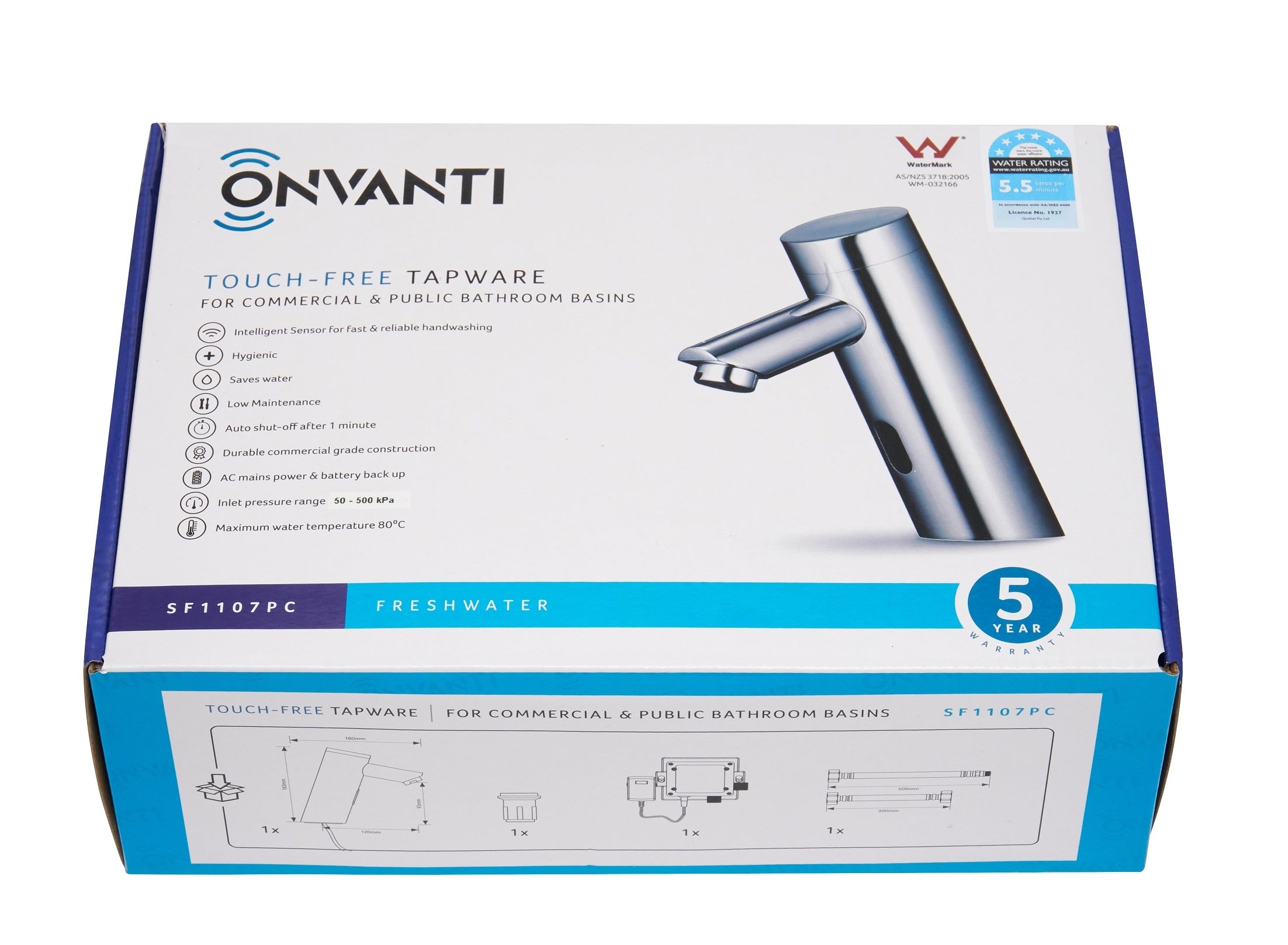 Onvanti Sensor Tap for Commercial or Public Bathrooms Mains or Battery Operated Freshwater SF1107