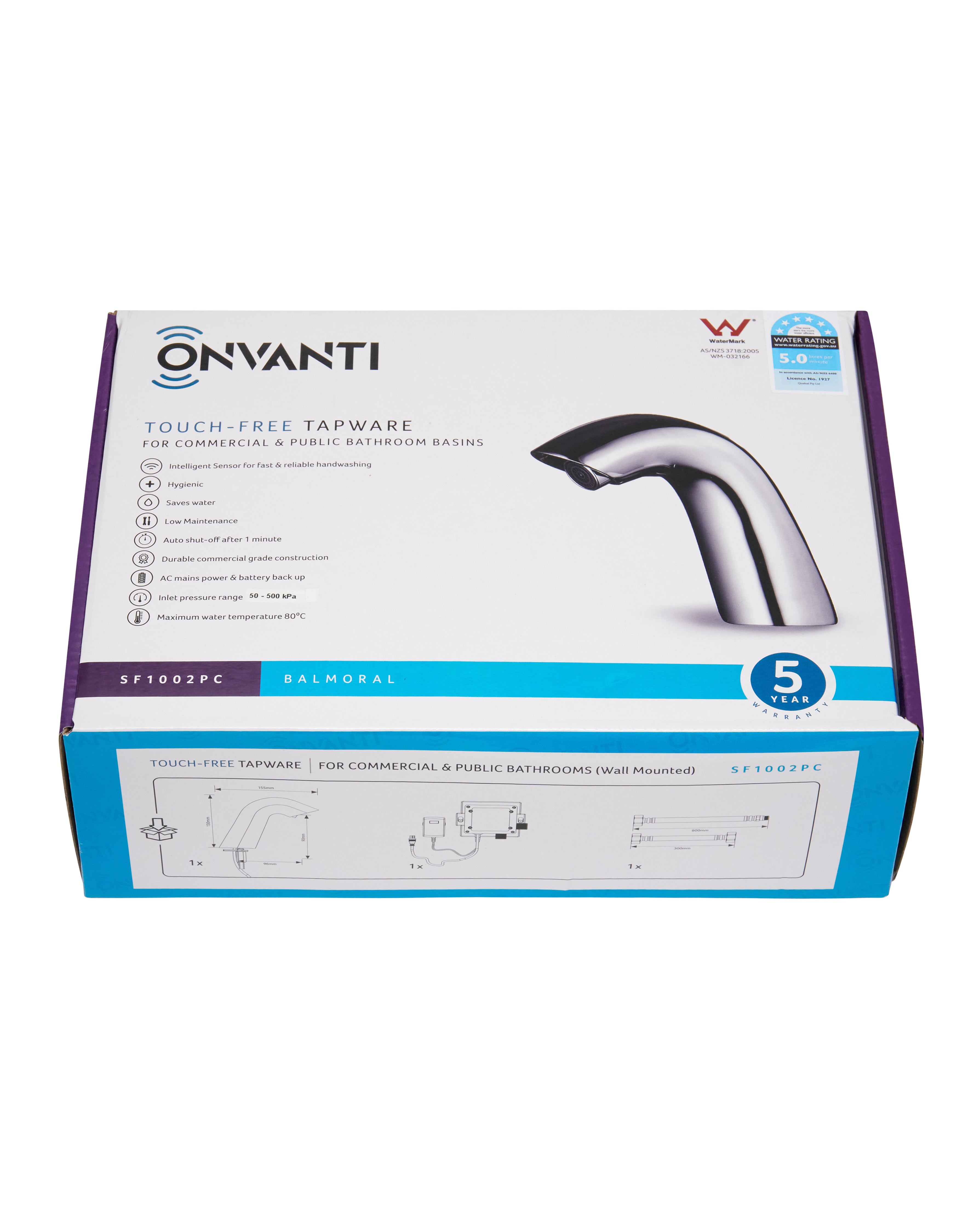 Onvanti Sensor Tap for Commercial or Public Bathrooms Mains or Battery Operated Balmoral SF1002